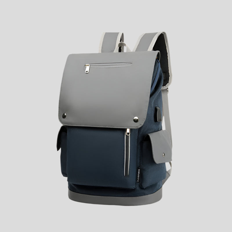 Two-tone gray and navy backpack on a white background